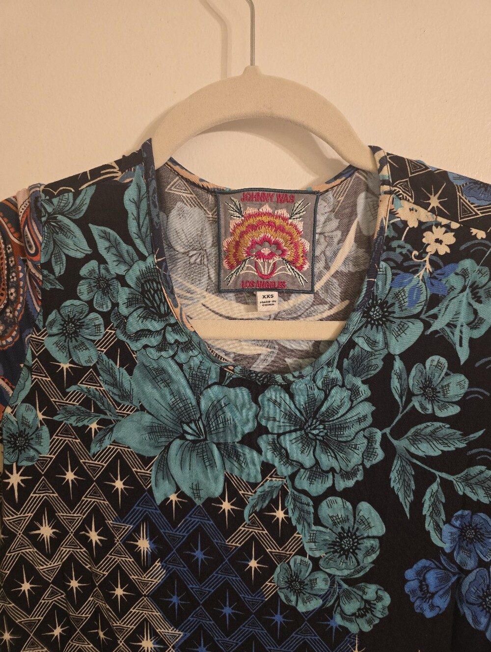 Johnny Was Teal and Navy Floral Print Knee-Length Dress Sz XXS - Picture 14 of 17